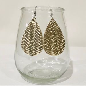 Gold Herringbone Faux Leather Teardrop Earrings
